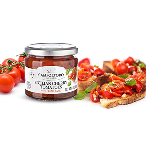 Sundried Cherry Tomatoes In Oil, Made With Fresh Basil, Glass Jar 6.35Oz, 100% Made In Italy, Sicilian Bruschetta Recipe,100% Natural, Non-Gmo, Gluten-Free By Campo D'oro. #TOP1