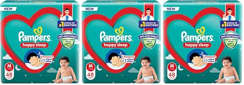 Image of Pampers Happy Sleep Pant Style Baby Diapers, Medium (M), 48 Count, 1 Pampers : 1 Night Sleep, with Anti Rash Shield, 7-12 Kg Diapers (Pack of 3)