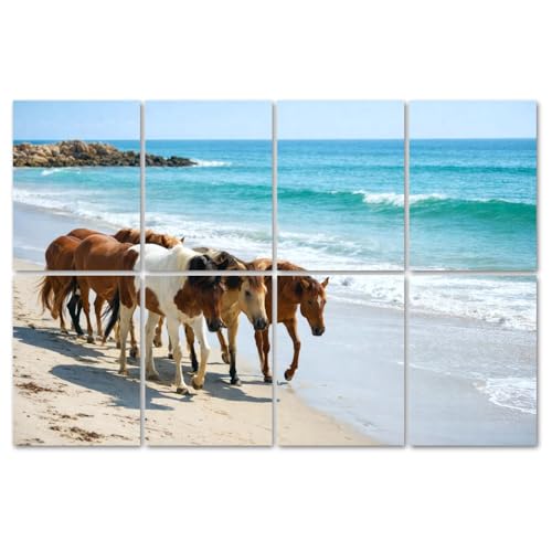 8 Pack Art Acoustic Panels Sound Absorbing Wild Horses Beach Assateague Island ponys Pictures Decorative Soundproof Wall Panels Self Adhesive for Home Recording Studios 48'x32'
