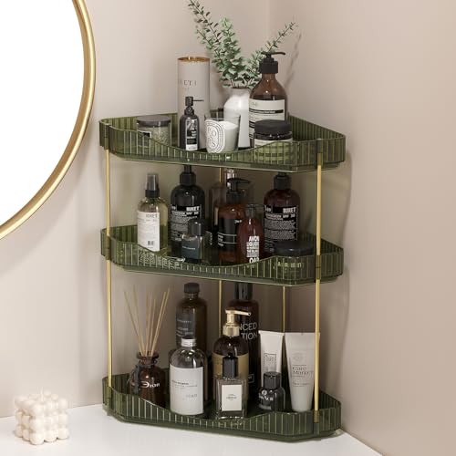 Lifewit Perfume Organiser, Bathroom Countertop Storage, Plastic Makeup Skincare Organiser, Vanity Trays Counter Shelf, Corner Shower Caddy, Corner Storage in Dresser, Bedroom, Kitchen, 3-Tier, Green
