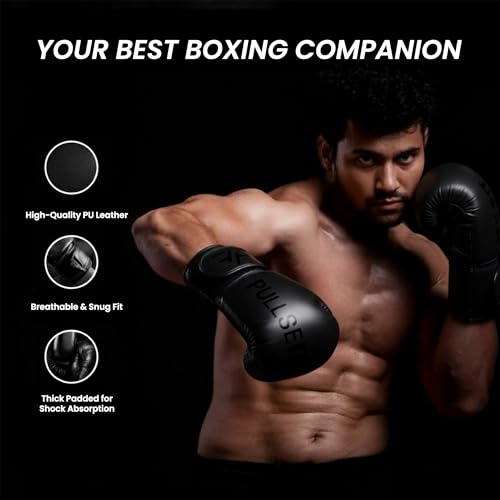 Image of Pulseit Boxing Gloves for Men & Women | Premium PU Leather | Training, Sparring, Kickboxing, Muay Thai & MMA | Multi-Layer Foam Padding, Wrist Support, Breathable (Black)