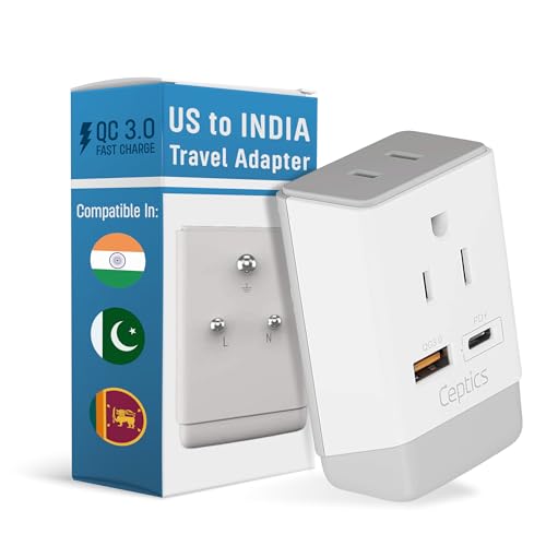 Image of Ceptics US to India Plug Adapter, Type D Plug Adapter QC 3.0 & PD, Safe Dual USB & USB-C 18W, Fast Charging - Powerful 2 USA Sockets - Use in Pakistan Nepal Sri Lanka - AP-10