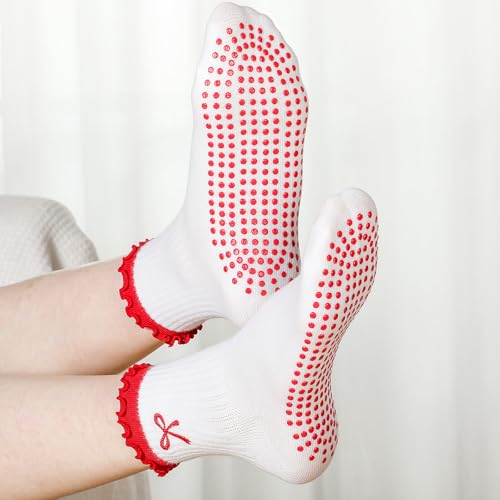 Image of Jeyiour Summer Cute Pilates Socks Women Bow Nonslip Ruffle Yoga Socks with Grip Barre Pilates Gift for Work Dance Fitness