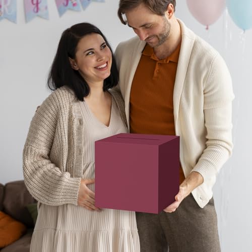 Image of Hooqict Burgundy Card Box with Slot 9.1 inch Money Gift Card Box for Graduation, Wedding, Reception, Party, Birthday, Retirement, Raffle Box Envelope Ticket Holder