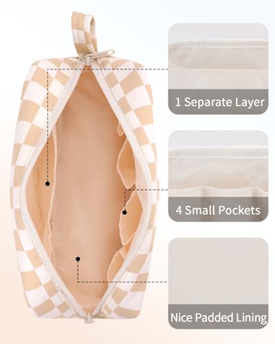 Image of Narwey Checkered Makeup Bag Travel Cosmetic Bag Organizer, Toiletry Bag Make Up Bags with Organized Pockets for Women (Light Checkerboard, Large)