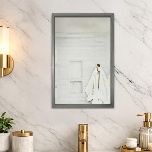 Image of Rousrie Premium Framed Glass Wall Mount Mirror, Decorative, for Bathroom, Bedroom, Living Room and Entryway, Wash Basin (14 by 20 Inch) (Greyish)
