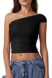 QINSEN Womens Summer Tops Fold Over One Shoulder T Shirt Sleveless Double Lined Cropped Tee Black S