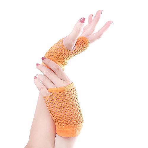 Lace Up Gloves Stretchable Fingerless Neon Fishnet Gloves (10 Pairs) for Parties, Costumes - Assorted Colors (Color : Light blue) (Orange) - Main Image