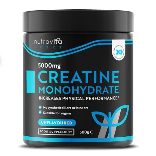 Creatine Monohydrate Powder 5000mg - 500g After/Pre Workout Powder - for Recovery & Physical Performance - Men & Women Exercise Supplement - Vegan - 100 Servings - Unflavoured - UK Made by Nutravita