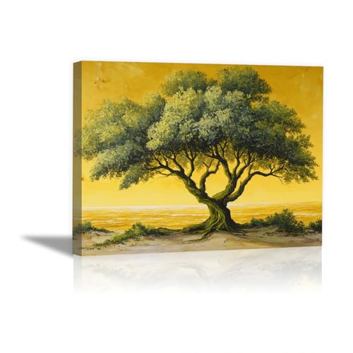 Tableau Moderne Toile Arbre Vert Océan Doré Déco Murale 70x100cm