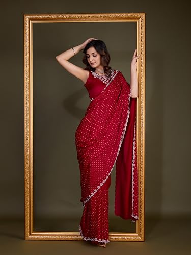 Trendmalls Women's Satin Siroski work Saree with Unstitched Blouse Piece (K1069-Red)