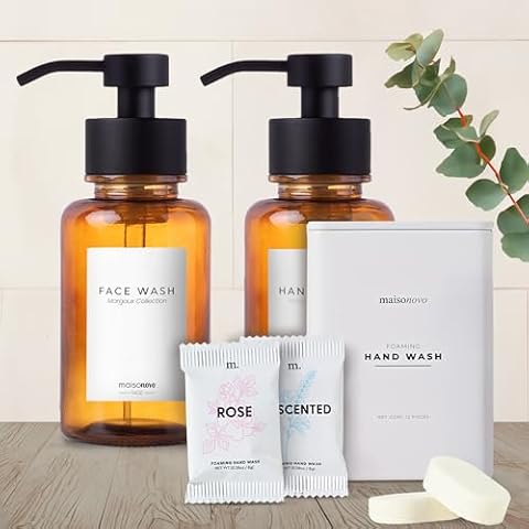 MAISONOVO Foaming Soap Dispenser - Hand Soap Refills for Foaming Dispenser - Amber Bottle 14 oz - 12 Mix Tablets Cover