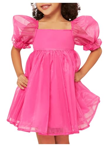 WDIRARA Toddler Girl's Mesh Tulle Dress Square Neck Puff Short Sleeve Ruffle Hem Birthday Party Cute A Line Midi Dress
