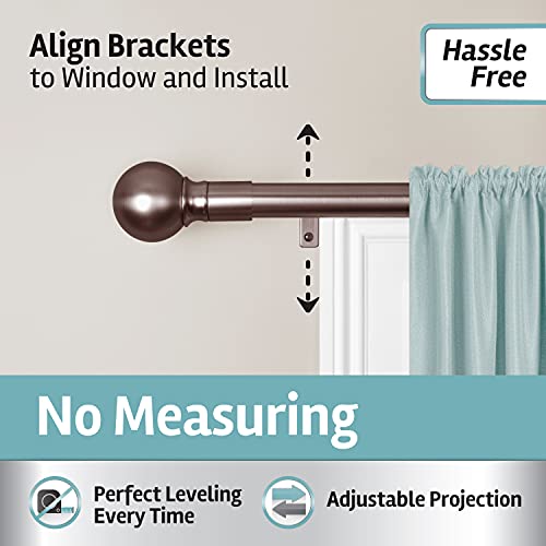 Maytex Smart Measuring Easy Install Drapery Window Rod, Ball Finial, 48 To 120 In, Oil Rubbed Bronze #TOP1