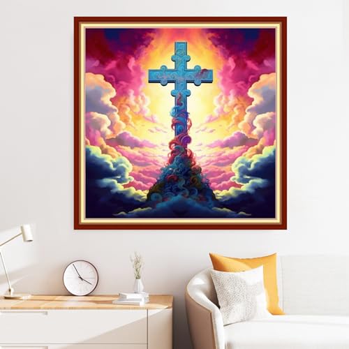 Image of Disxvivy Cross Stitch Stamped Full Embroidery Kits DIY 11CT Cotton Thread Printed DIY Needlepoint Kits Craft Needlework Set Cross-Stitch Stamped Sets-Colorful Cross 18x18 inch