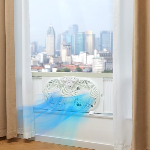 Image of Amazon Basics Window Fan for Home Bedroom, Twin Heads, Cooling Airflow, Exhaust, Expandable Side Panel, Manual Control, 3 Speeds, 63W, 9 inch, White