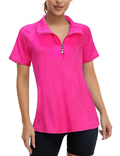 Koscacy V Neck T Shirts Women, Golf Tennis Polo Shirt Breathable Zipper Running Workout Outdoor Tops Yoga Biking Daily Casual Wear Aline Soft Shirts Hot Pink Large #TOP2