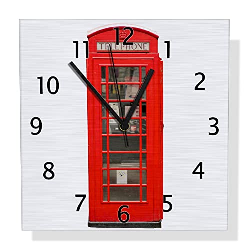 Wallario Design Wanduhr London Rote Telefonzelle aus Aluverbund, Alu-Uhr Größe 30 x 30 cm, Schwarze Zeiger mit Metalloptik