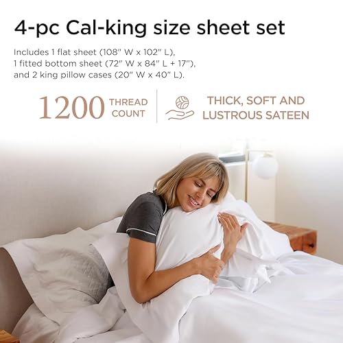 Image of Threadmill 1200TC Supima Cotton Cal King Sheet Set, Sateen, White, 4-Piece | 100% Supima Cotton, Sateen Weave, 4-Piece Set, 72x84 in, All-Around Elastic, Hotel Quality, OEKO-TEX Certified