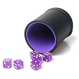 RERIVER PU Leather Dice Cup Set, Purple Velvet Interior Dice Cup Shaker Quiet with 6 Purple Translucent Dice for Liars Dice/Farkle/Yahtzee Games, 1 Pack
