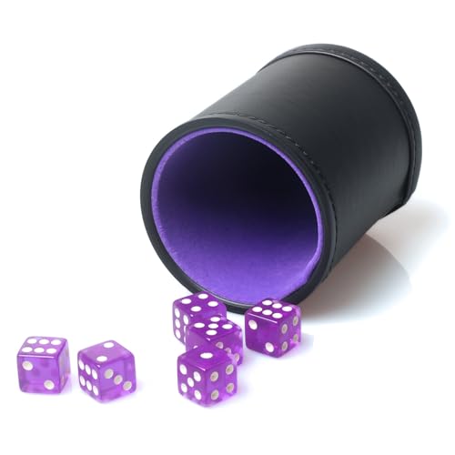 RERIVER PU Leather Dice Cup Set Purple Velvet Interior Dice Cup Shaker Quiet with 6 Purple Translucent Dice for Liars Dice/Farkle/Yahtzee Games 1 Pack