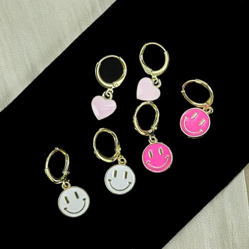 3 Pairs Huggie Dangle Drop Earrings for Women Smiley Face Preppy Charm Pendant Gold Hoop Earrings Trendy Jewelry Gifts3