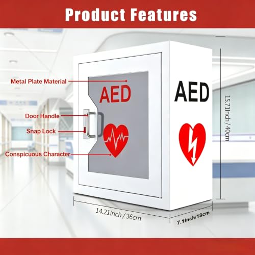 Image of AED Cabinet Wall Mount Storage Cabinet 14.2 x 7.1 x 15.7 Inches Industrial Grade Steel Metal Plate See Through Window Wall Mounted Fits Most Brands of AED Defibrillators