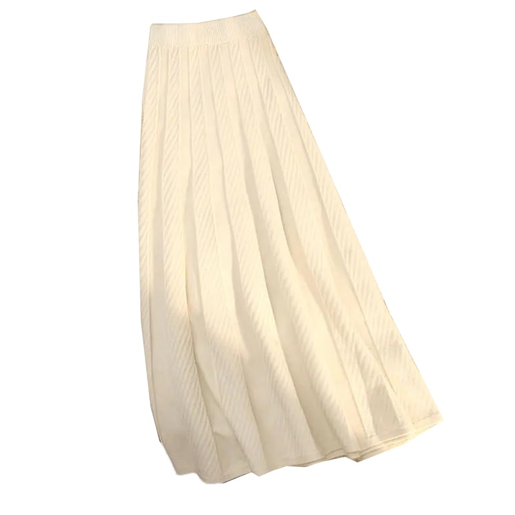HXZASFG Falda Larga de Punto de Color Liso Elegante para Mujer, Falda Tipo suéter de Cintura Alta Gruesa de Invierno, Faldas Plisadas de Corte a para Mujer