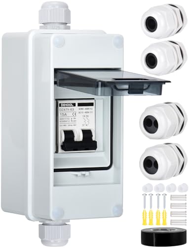 DIHOOL Disjoncteur CC,photovoltaique interrupteur de coupure DC,2 pôles,montage sur rail DIN,IP65 3 modules etanche tableau boitier electrique pre equipe(15A)