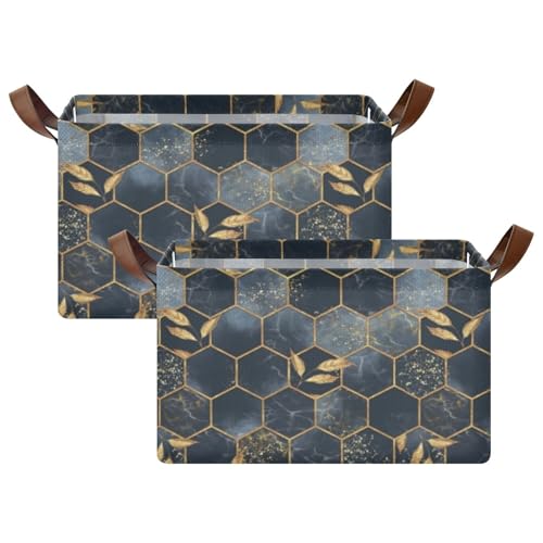 Modern Marbling Gold Black Marble Geometric Rhombus with Gold Leaves 2PC Rectangle Foldable Frame Basket Leather Handles Storage Bin for Laundry Bathroom Organizer M 16.9 x 11.4 x 10 inch