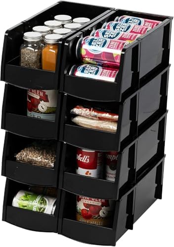 IRIS USA 13" x 6" x 5" Large Plastic Open Front Stackable Storage Bin, 8-Pack, Stackable Craft Supplies Food and Snack Organizer Caddy Basket for Kitchen Pantry Cabinet Fridge Classroom Office, Black