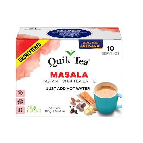 QuikTea Instant Masala Chai Tea Latte Unsweetened, 10 Single-Serve Sachets,