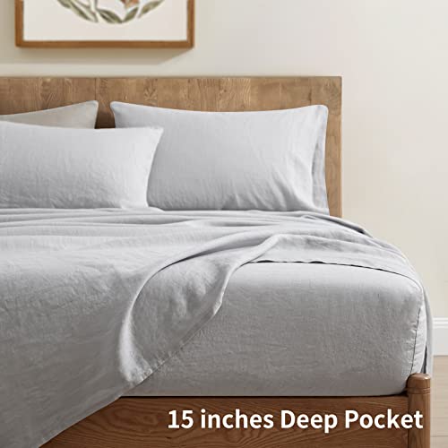 Image of ATLINIA 100% Pure Flax Linen Bedding Set - Stone Washed French Linen Fabric Deep Pocket Fitted Sheet Farmhouse Flat Sheet 2 Pillowcases (Light Grey, Full)