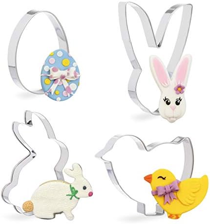 Invero® 4 Pack Easter Cookie Cutter Set with Bunny Chicken Egg Chick Rabbit Shapes Fondant Biscuit