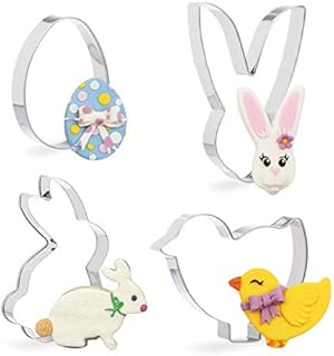 Invero® 4 Pack Easter Cookie Cutter Set with Bunny Chicken Egg Chick Rabbit Shapes Fondant Biscuit