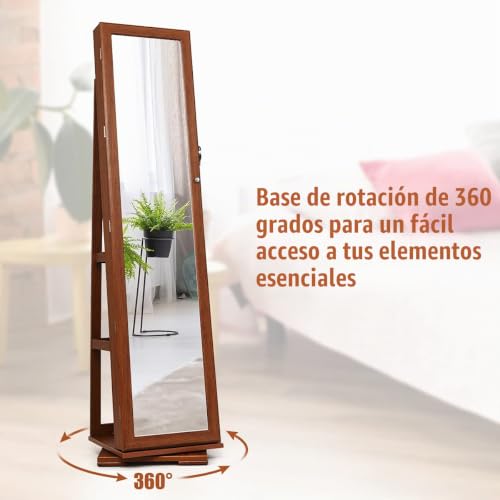 Miniatura 4 de Costway Armario De Joyero Con Espejo Y Estante De Escalera Gabinete De Joyería Giratorio Con Cerradura Para Anillos Ganchos De Cadena Pendientes Organizador Marrón Oscuro