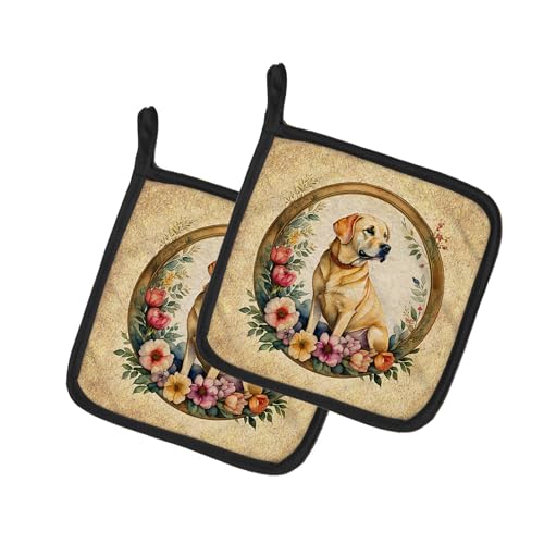 Caroline's Treasures Yellow Labrador Retriever and Flowers Pair of Pot Holders Kitchen Heat Resistant Pot Holders Sets Oven Hot Pads for Cooking Baking BBQ, 7 1/2 x 7 1/2