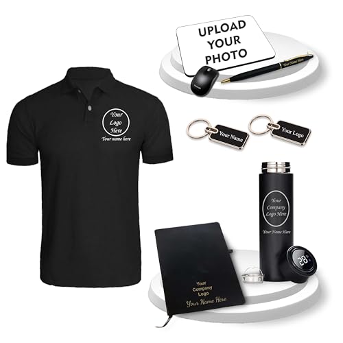 Image of SAVRI Personalized Corporate Gift Set -Custom Engraved Pen, Leather Diary, Bottle, Metal Keychain, Printed Mouse Pad & Black Polo T-Shirt with Name & Company Logo | Employee Welcome Kit & Office Gifts