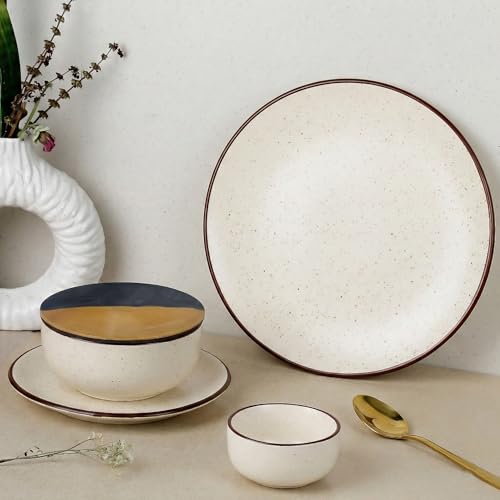 Image of The Earth Store Handcrafted Creme Matte Brown Ceramic Dinner Set, 30 Pieces Serving for 6, Microwave and Dishwasher Safe, Bone-Ash Free, Dinner Sets | Crockery Set for Gifting & Dining