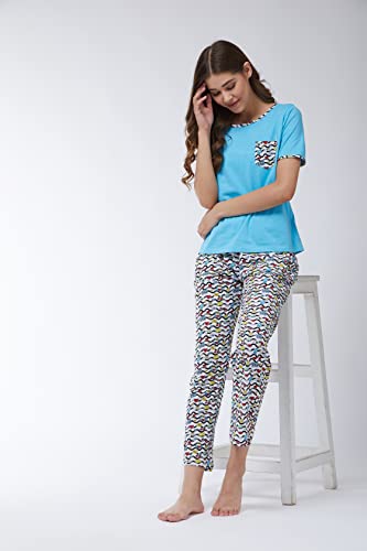 Image of Miss Chase Women's Blue Round Neck Short Sleeves Printed Regular Length T-Shirt