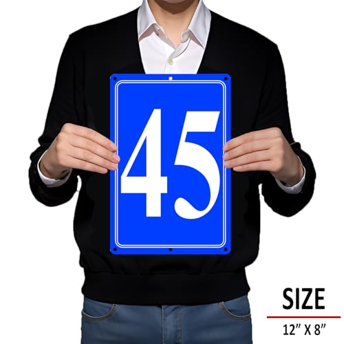 Image of Premium Aluminum Number Signs 45, Metal 12 inch X 8 inch Blue Numbered Signs Outdoor for Parking Lots, Floor, Dock, Court, Aisle, Field, High Visibility, No Fade, Weather-resistant