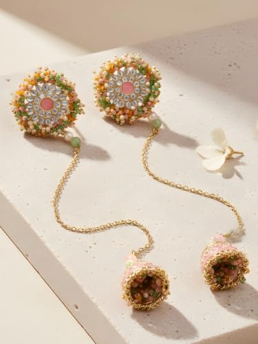 Image of Karatcart Gold Plated Pearl Chain Kundan Kaanchain Earrings for Women