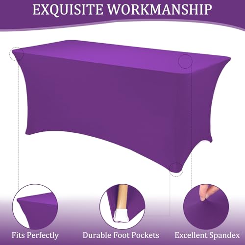 Image of 3 Pack 6FT Spandex Table Covers Washable Wrinkle Resistant Fitted Rectangle Tablecloth for Folding Table Wedding Party Birthday Banquet Bar Events(Purple)