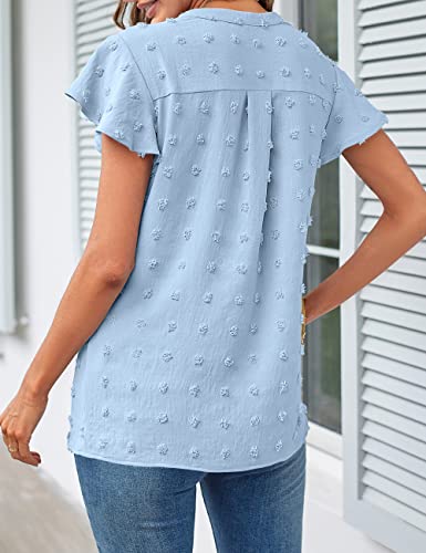 Merokeety Women Summer V Neck Ruffle Short Sleeve Blouse Swiss Dot Flowy Shirt Tunic Top Blue Medium #TOP3