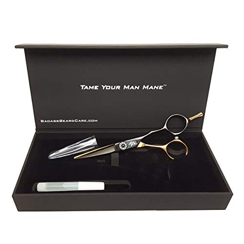Badass Beard Care Gold Series Barber Quality Beard Shaping Scissors - 5.25 Inches Long, Surgical Grade Stainless Steel (Hrc 59-61), Hand Adjustable Tension Knob #TOP1