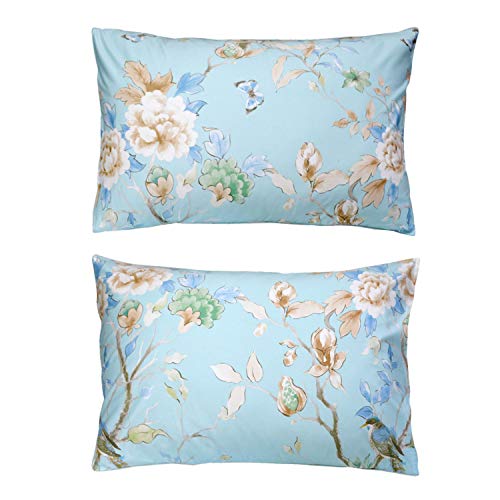 Image of FADFAY Floral Bedding Shabby Blue Bird Print Bed Sheet Set Luxury Bedding Collections 800 Thread Count 100% Egyptian Cotton Deep Pocket, 4 Piece-Twin XL Size
