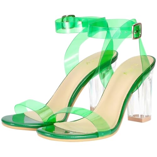 Image of ZriEy Clear Block Sandals Chunky Heels for Women 3.35 Inch Open Toe Adjustable Ankle Strap Pump Sandals for Weddings Parties Daily Wear