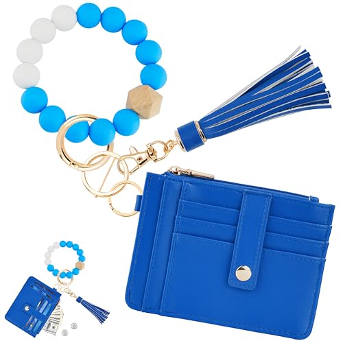 Image of KNGITRYI Wristlet Wallet for Women,RFID Keychain Wallet with Beaded Strap | 8 Card Slots,ID Window,Zipper Pocket,Leather Tassel,Compact Design