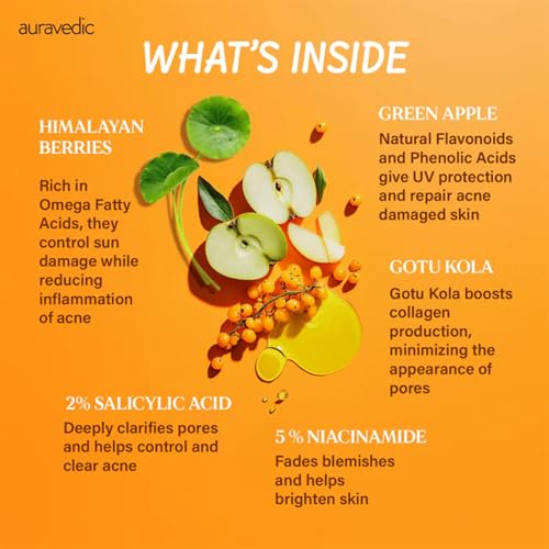 Image of Auravedic Acne UV Sunscreen SPF 50 PA++++ for Acne Prone Oily Skin with Himalayan Berry Green Apple Gotu Kola Niacinamide 2% Salicylic Acid Pore Minimizing Non Greasy No White Cast Cream