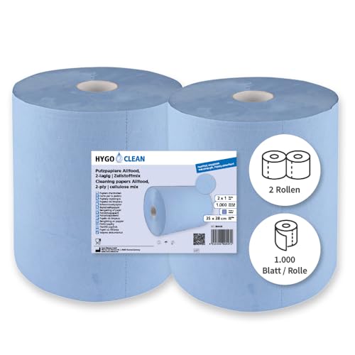 2 Rollen Franz Mensch HygoClean Putzpapiere Allfood, 2-lagig, 35cm x 38cm, blau | geprägter Zellstoffmix, 2 Rollen, je 1000 Abrisse, saugfähige Reinigungstücher, Wischtücher, lebensmittelecht